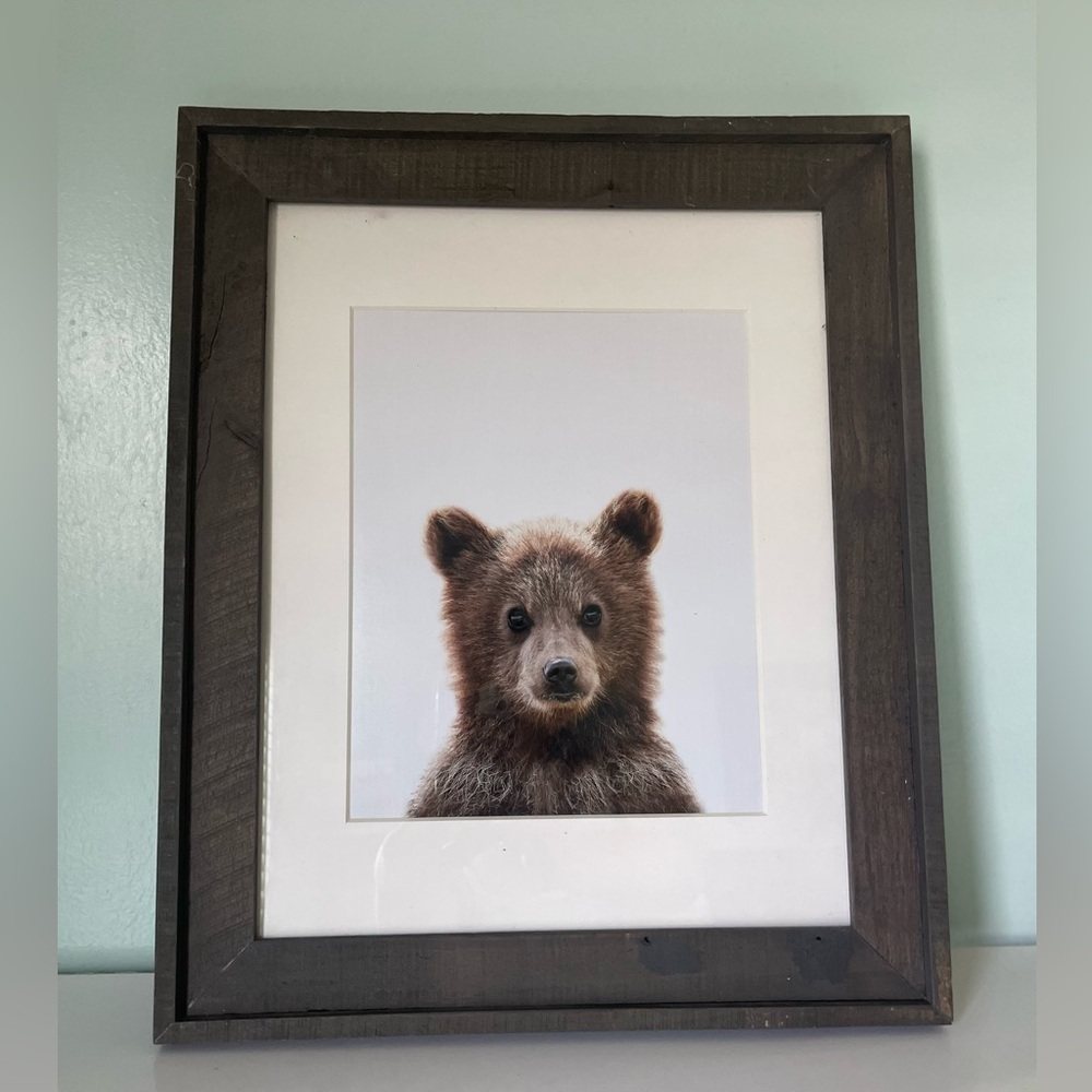 Bear Cub Rustic Frame Matted Wall Art Cottage Core Cabin Wildlife 17”x 14”